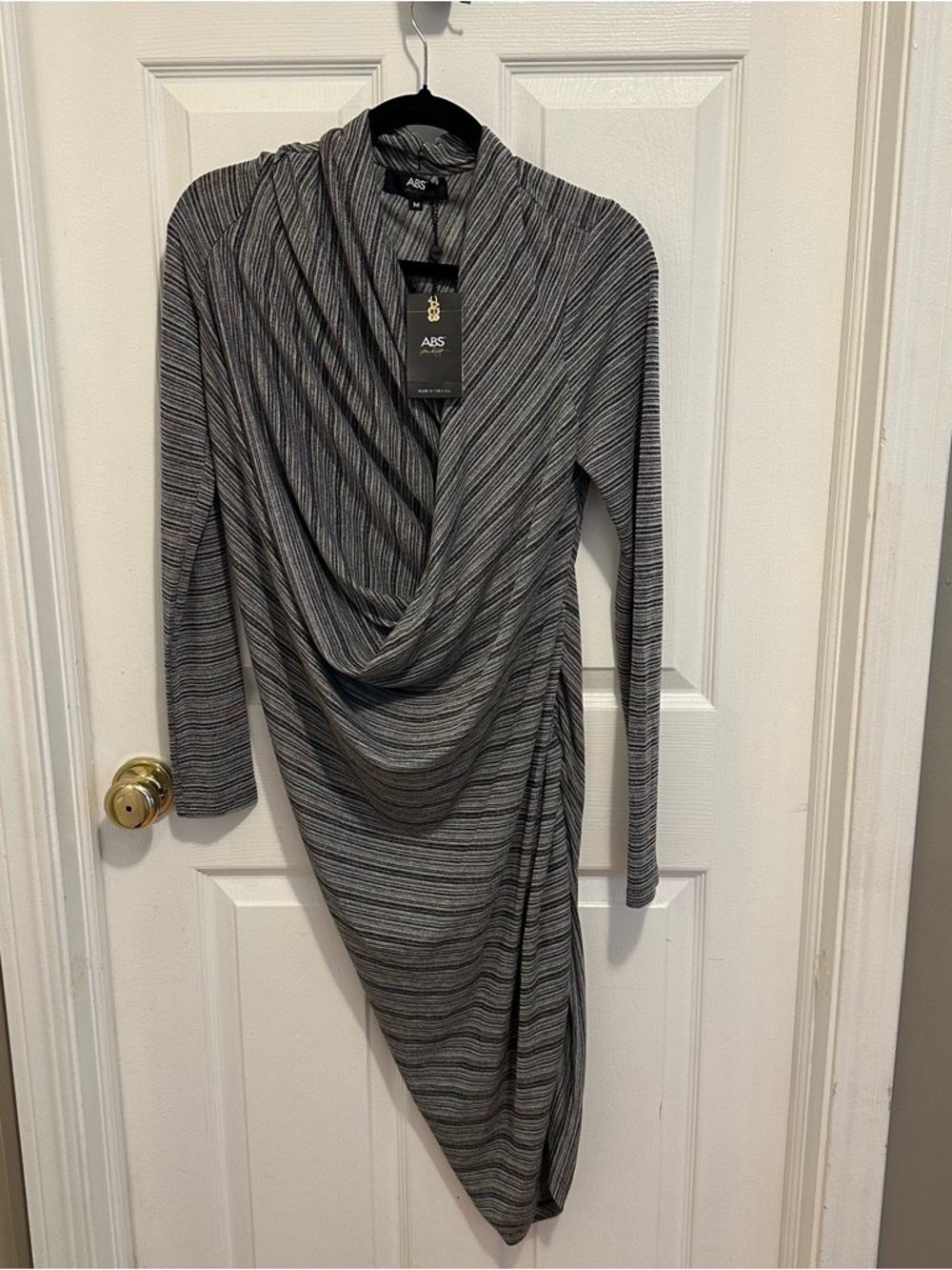 ABS Allen Schwartz Striped Gray Asymmetrical Draped Long-Sleeve Dress